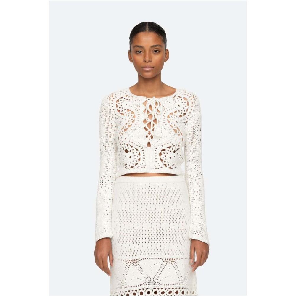 NWT Sea New York White Carter Crochet Long Sleeve Lace Up Top Wool Size M